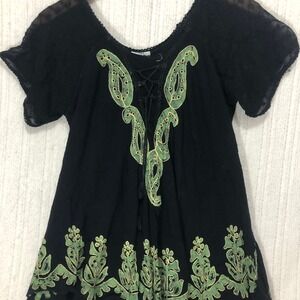 Topaz Black Green Embroidered Boho Lace Up Peasant Blouse Top Small